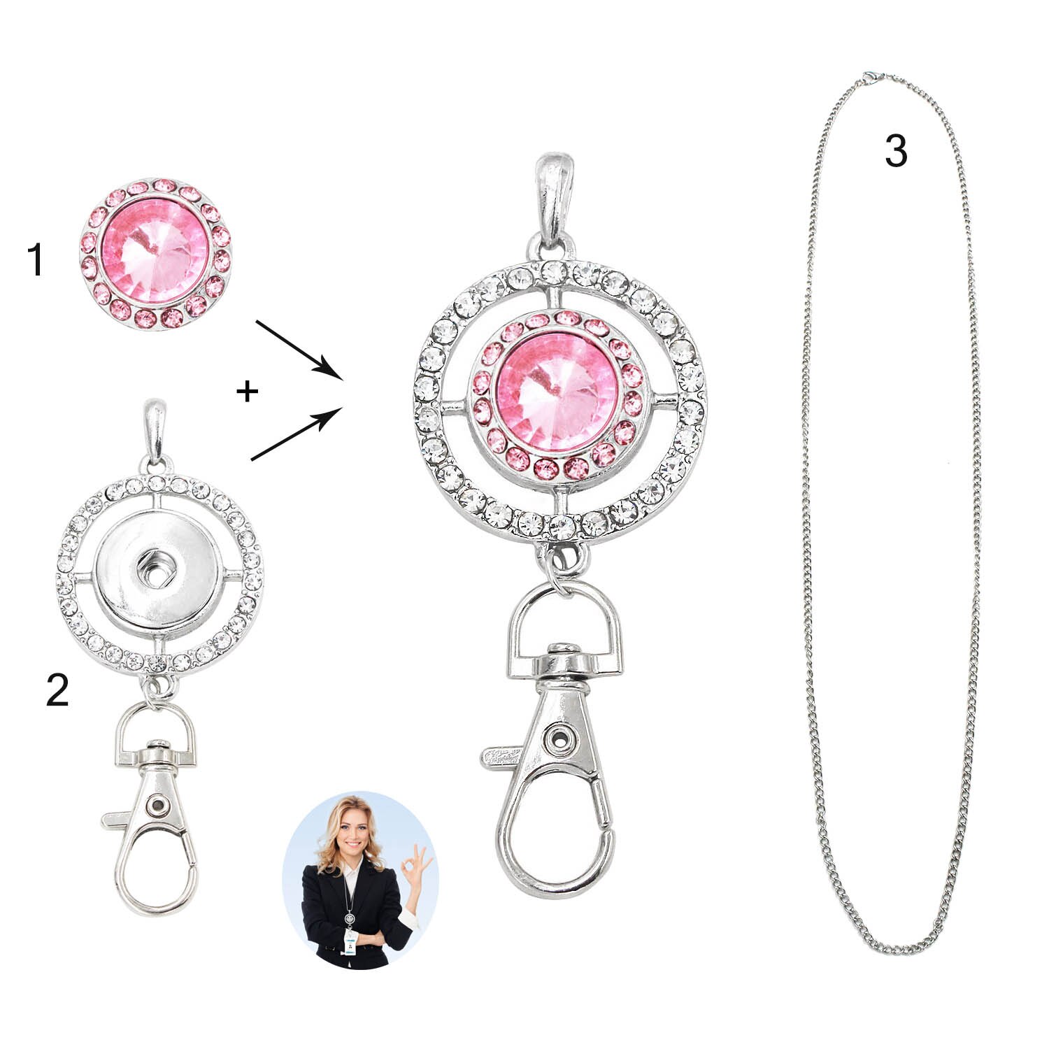 Idclip Schlüsselband Halfter Ich würde Abzeichen Eule schnappen Schmuck Rosa Reize Anhänger Clip Bling Halskette Frauen Büro zubehör: LA10