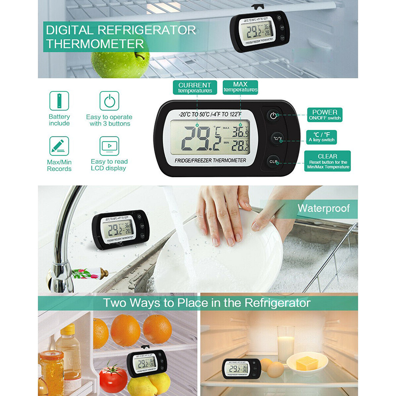 1Pc Koelkast Vriezer Thermometer Met Haak Lcd Digitale Scherm Waterdichte Opknoping Magneet Stand Anti-Vochtigheid Keuken Benodigdheden