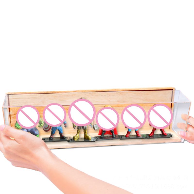 Vielseitige durchsichtige acryl-vitrine mit staubschutzhülle für figuren, modelle, spielzeugvitrinen mit holzrückwand