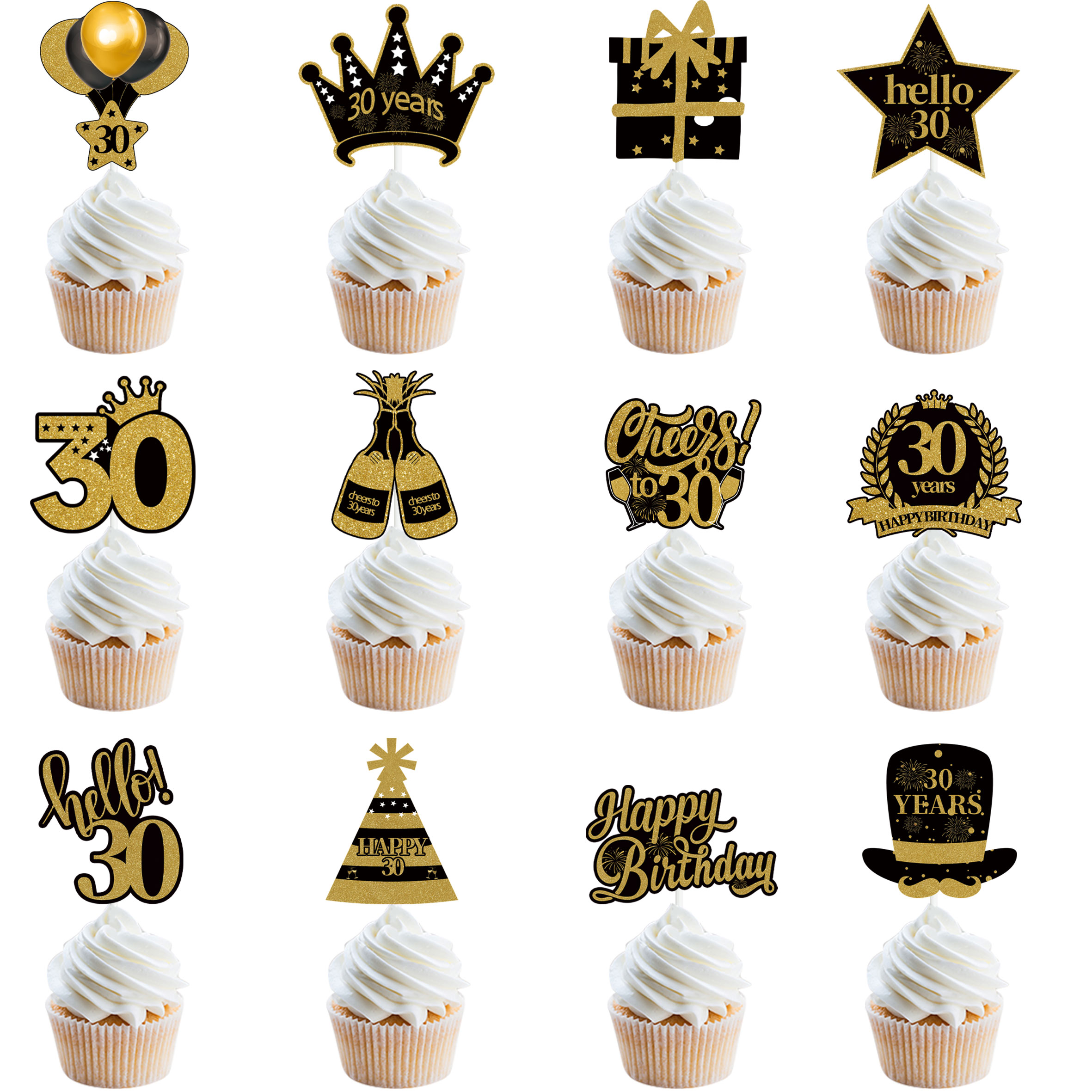 30 40 50 60 Years Old Cupcake Toppers Black Gold Cake Picks Adult Birthday Anniversary 30th 40th 50th 60th Birthday Cake Decor: Olive