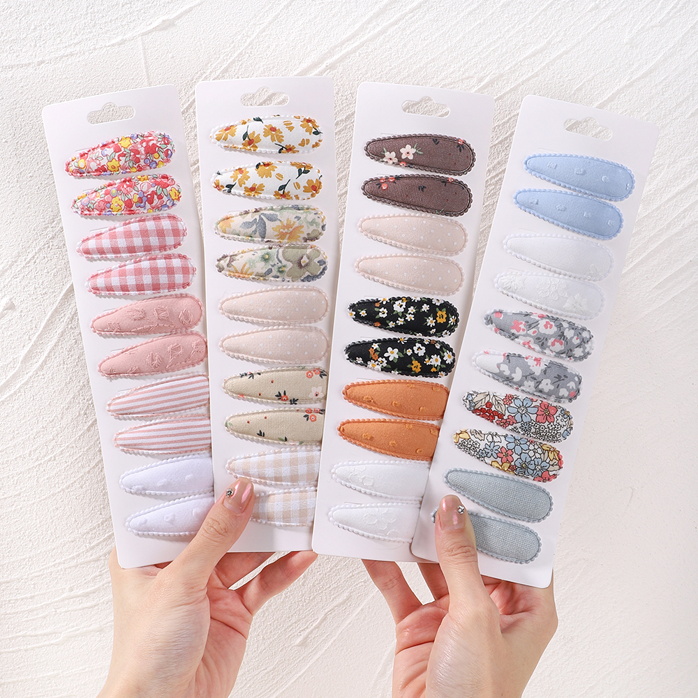 10 Uds. Horquilla para bebé, conjunto de pinzas para el cabello de aleación de algodón con estampado fresco, horquillas BB a cuadros de tela, accesorios para el cabello para niños