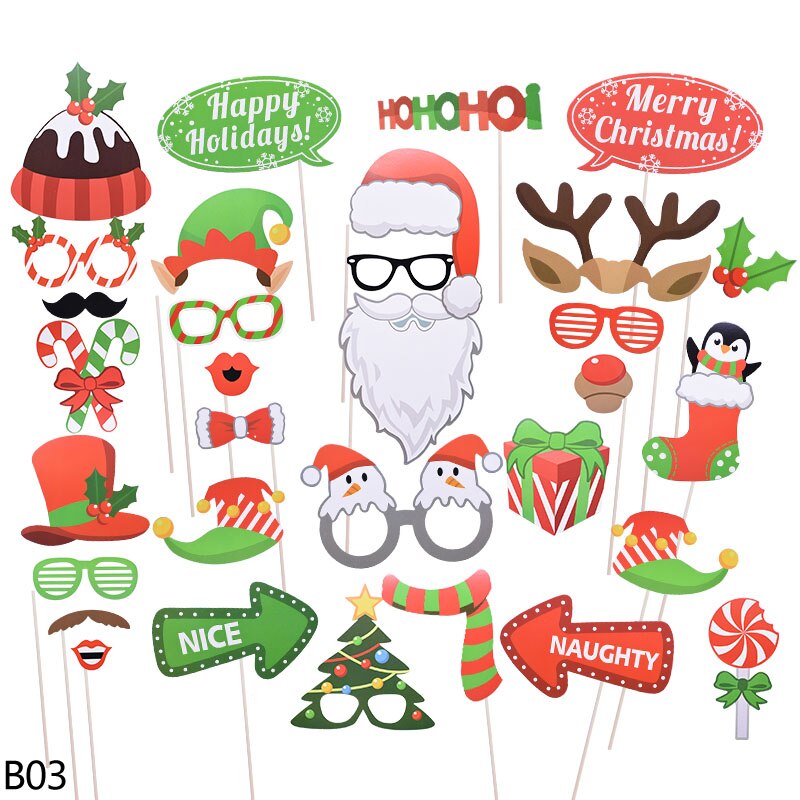 1 zestaw 17/32/35/50 sztuk świąteczne dekoracje zdjęcie budka rekwizyty śmieszne maski wesołych świąt Selfie zdjęcie rekwizyt nowy rok zaopatrzenie solidny: B03 32szt