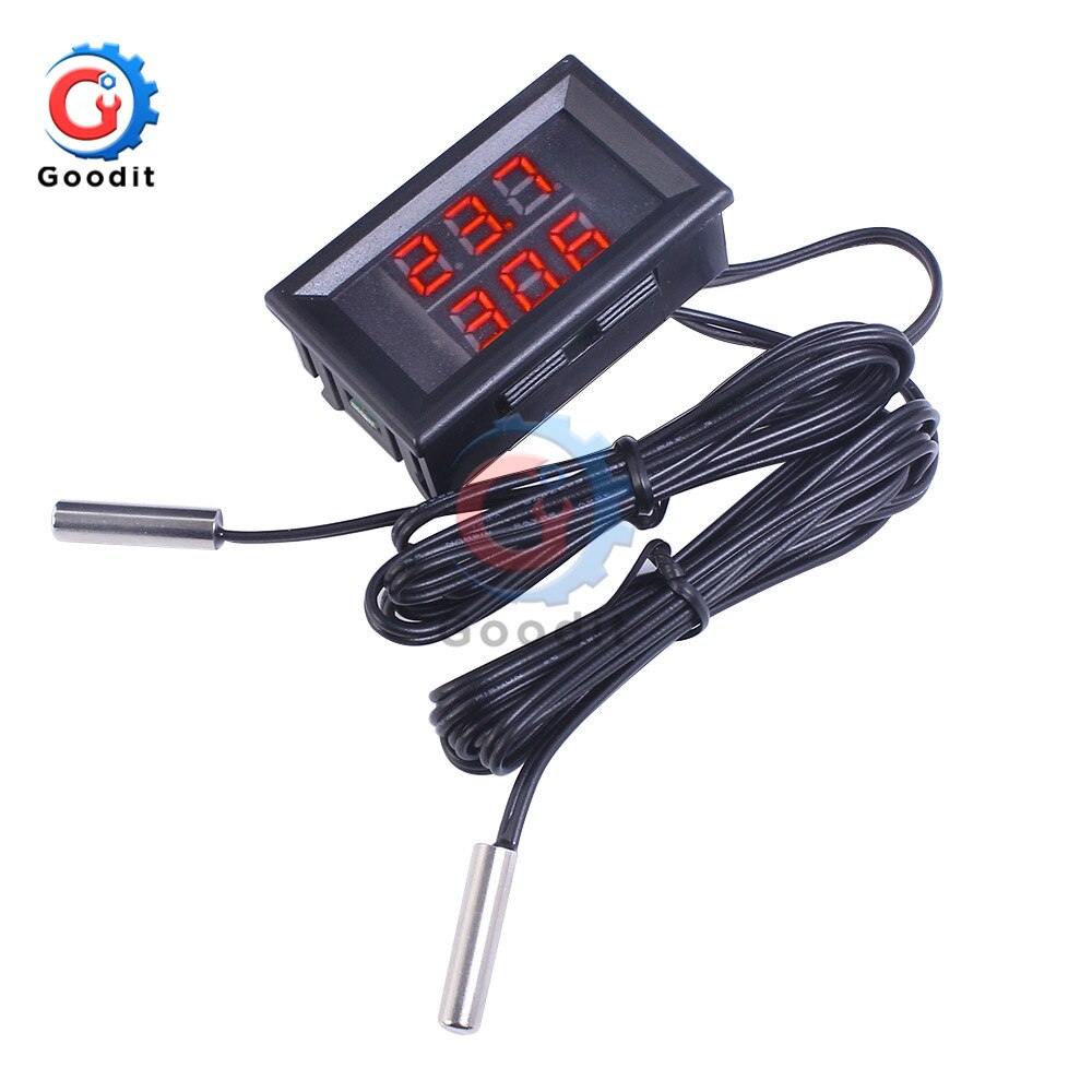 Mini LED Dual Display Digital Thermometer DC 4V-28V 0.28 inch w/ Dual NTC Waterproof Metal Probe Temperature Sensor Tester for I: 3 Bits Red Red