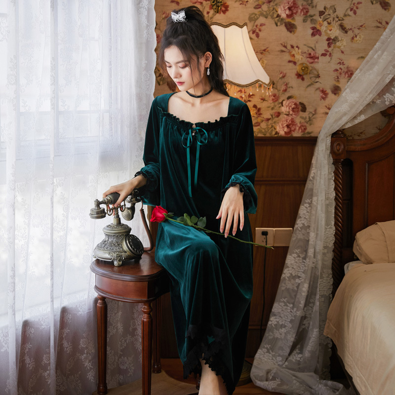 Camisón romántico de terciopelo para mujer, bata cálida de princesa, ropa de dormir Vintage victoriana, vestido de noche para mujer, Otoño e Invierno: Dark Green / XL