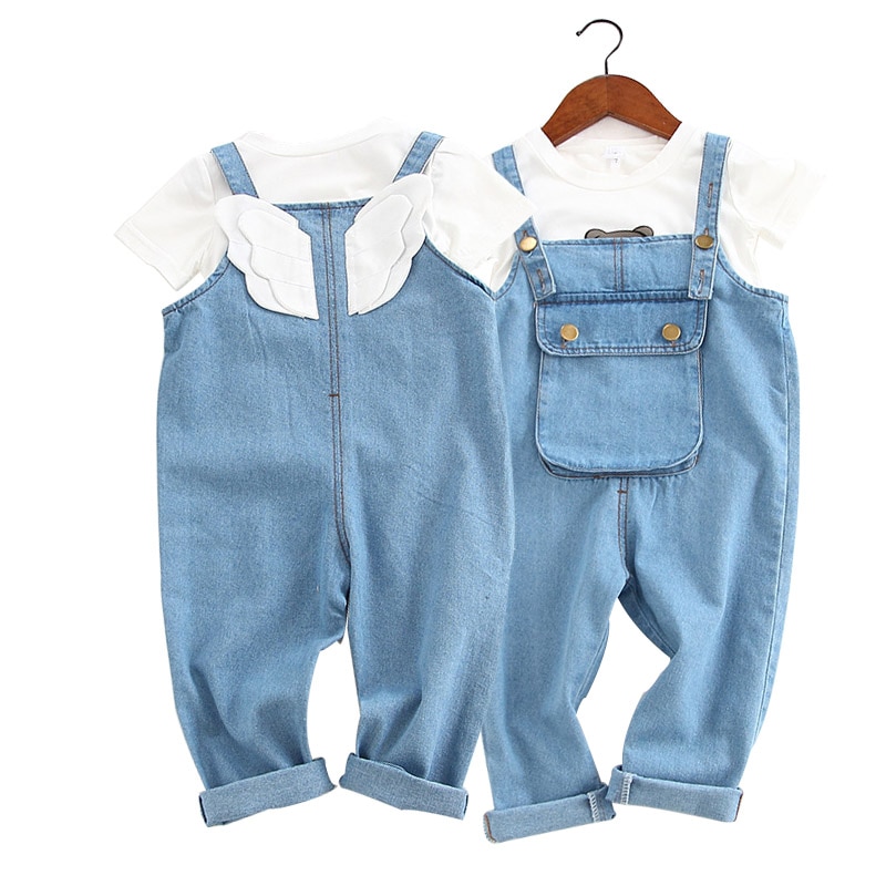 Combinaisons Jean pour enfants salopette bébé fille avec ailes d'ange poche salopette bébé garçon enfant en bas âge pantalon en Jean enfants salopette en Jean