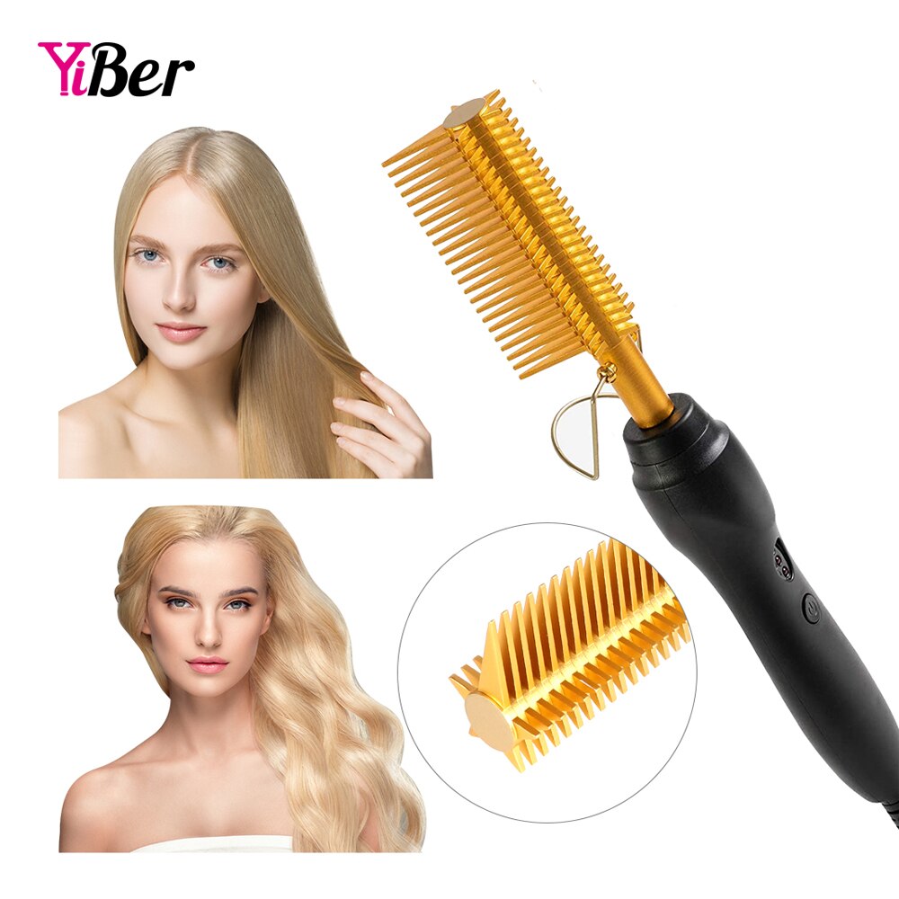 Peigne chauffant électrique 2 en 1 pour cheveux Afro, fer à friser, brosse de lissage pour cheveux secs et humides