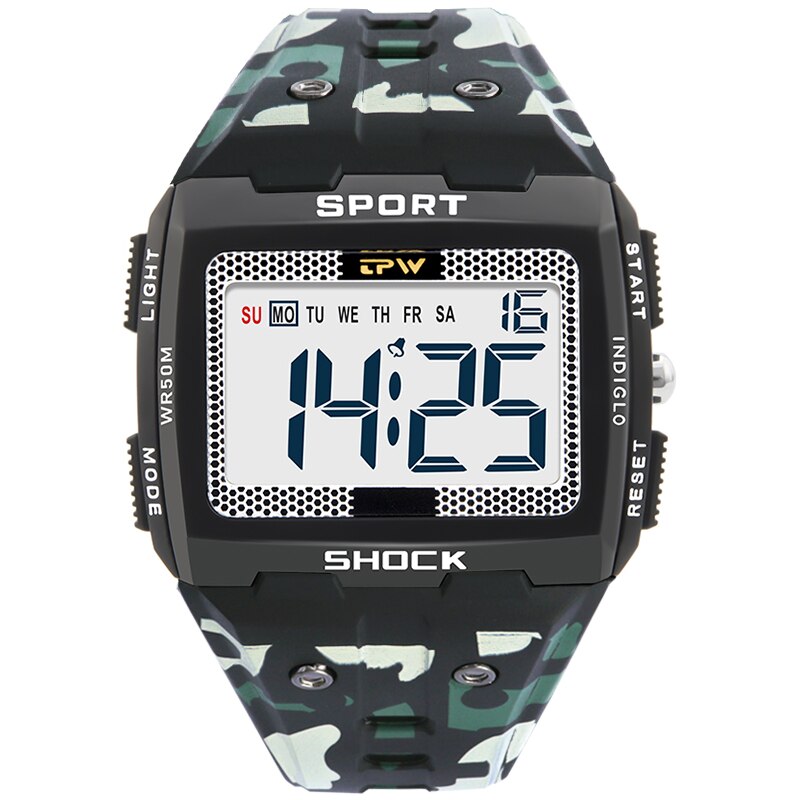 Grote Cijfers Mannen Sport Horloge Digitale Multifunctionele Alarm Chrono 5Bar Waterdicht Back Light Vierkante Scherm: Camouflage