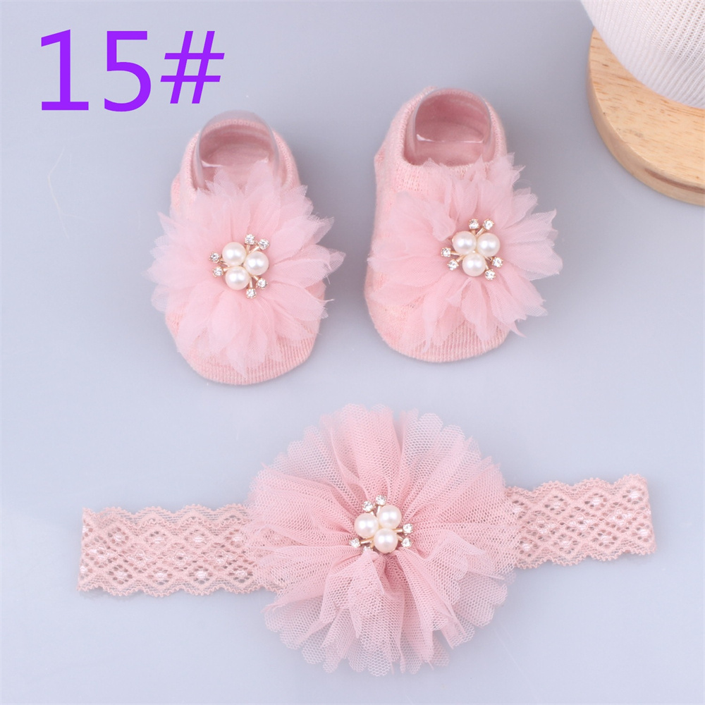 Leuke Baby Floor Sokken Antislip Ademend Voor Kind Meisjes Baby Peuter Sokken Met Kant Bloem Elastische Haarbanden Sets: 15