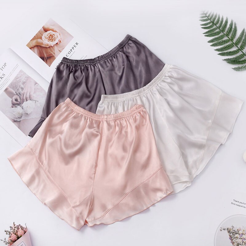 Dame Nahtlose Kräuselte Sicherheit Hosen dehnbar Reine Farbe Dünne Atmungsaktive kurze Hose Glänzend Satin- Stoffe Elastische Taille Französisch Unterhose