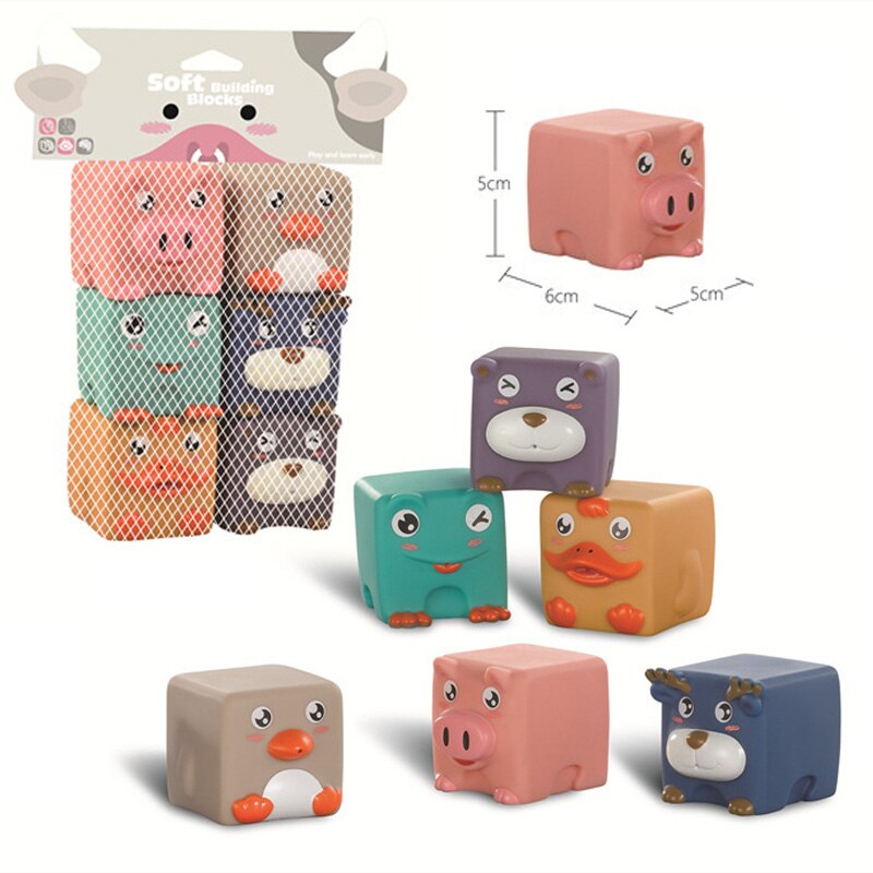 Silicone Building Blocks for Baby Teethers Toys Soft 3D Cartoon Animal Number Early Education Puzzle Bath Toy Boys Girls: 6PCS B