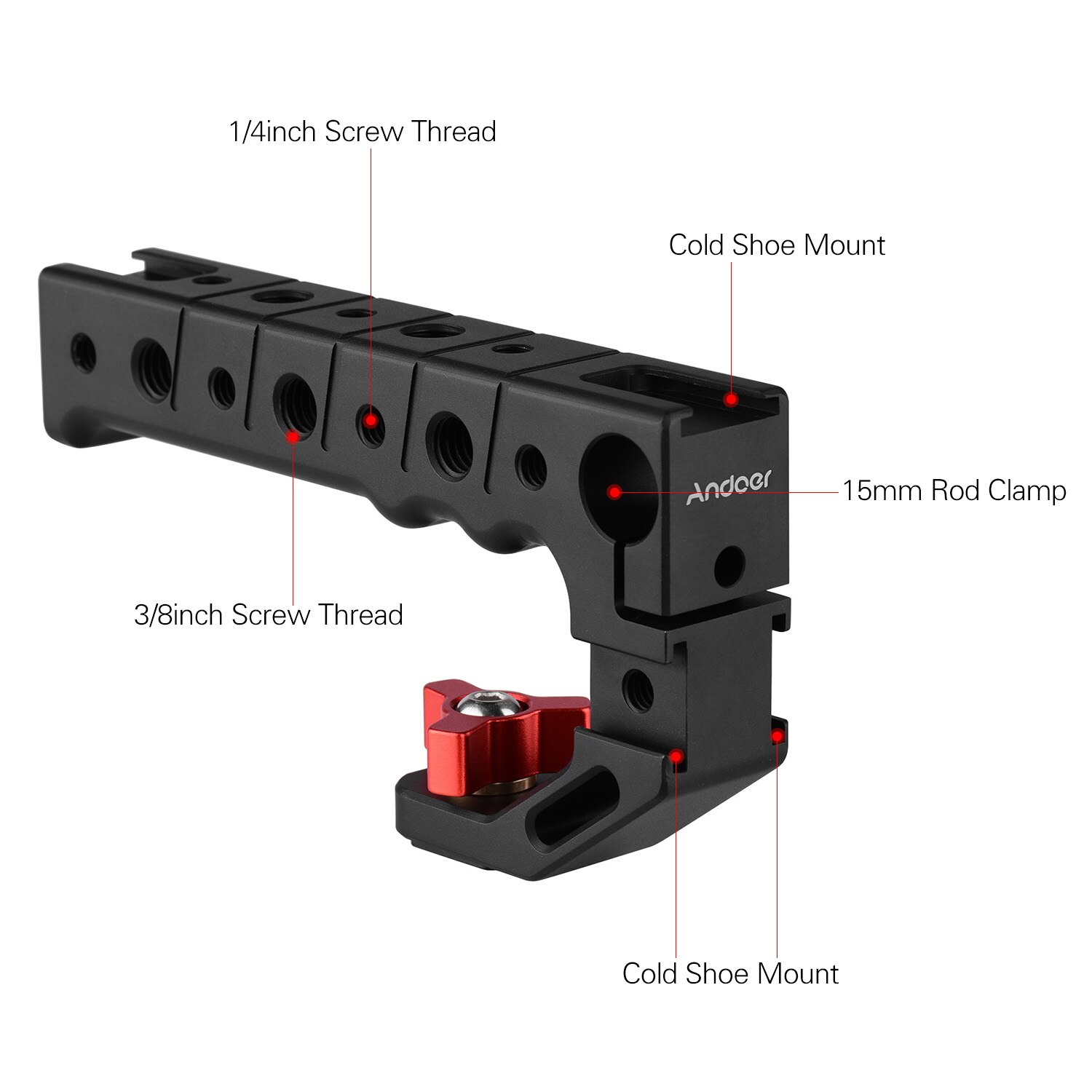 Andoer Aluminium Camera Handgreep Met Koud Shoe Mount 1/4 3/8 Schroefdraad Gaten 15Mm Rod Clamp Voor Microfoon led Licht