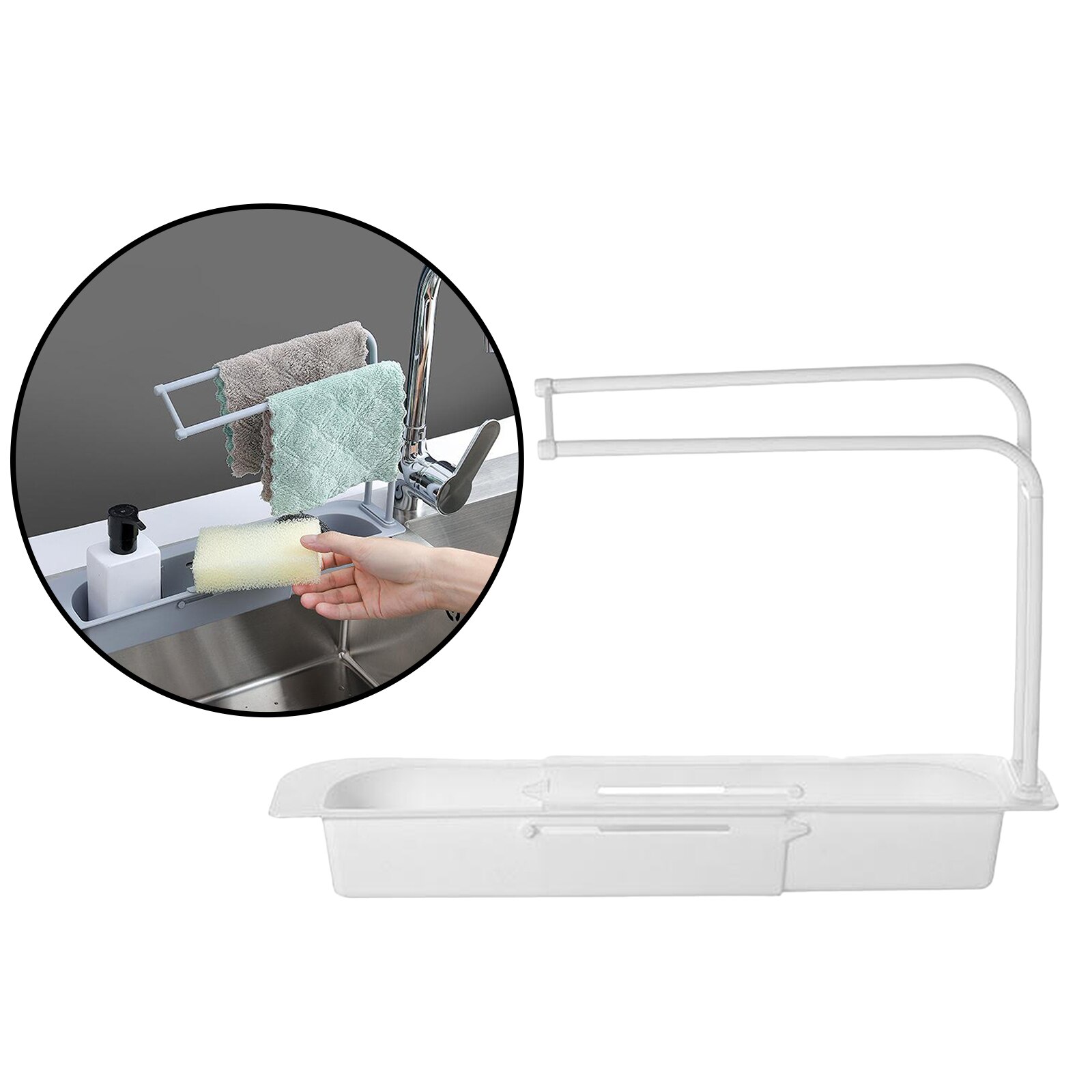 Support d'évier télescopique, panier de rangement extensible, facile à enlever et à laver, plateau d'évier pour la cuisine domestique, 4 couleurs: White