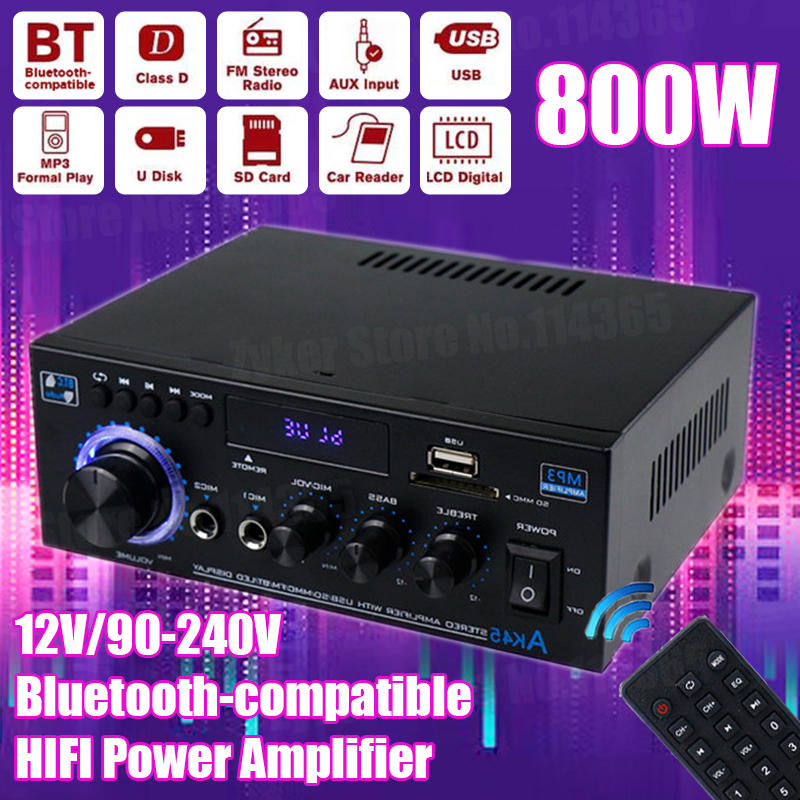 Amplificateur de puissance domestique AK45/AK35, 800W, 2 canaux, Bluetooth 5.0, son stéréo numérique Hifi, prise en charge FM, USB, SD, entrée micro