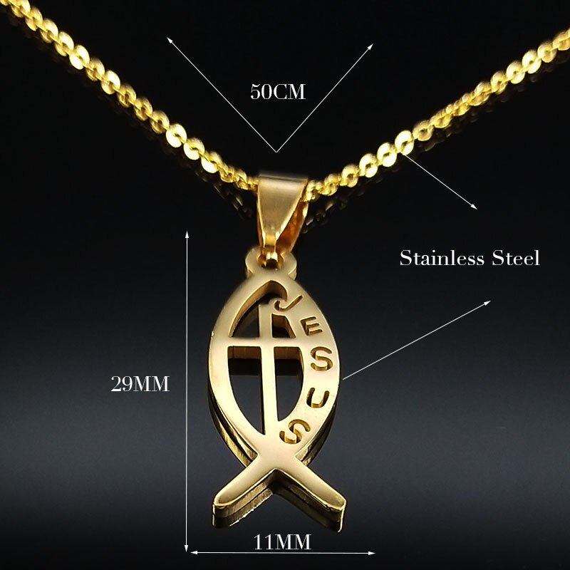 Stainless Steel Jesus Necklaces Fish Christian Christianity Ichthys Fish Pendant Necklaces Jewelry Women or Men collares N17168B: Gold C