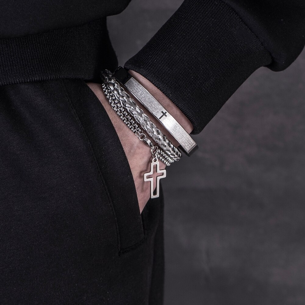 Luxe 3 Stks/set Rvs Cross Armband Mannen Sieraden Charm Open Brangle Carving Spaans Schrift Pulseira Bileklik