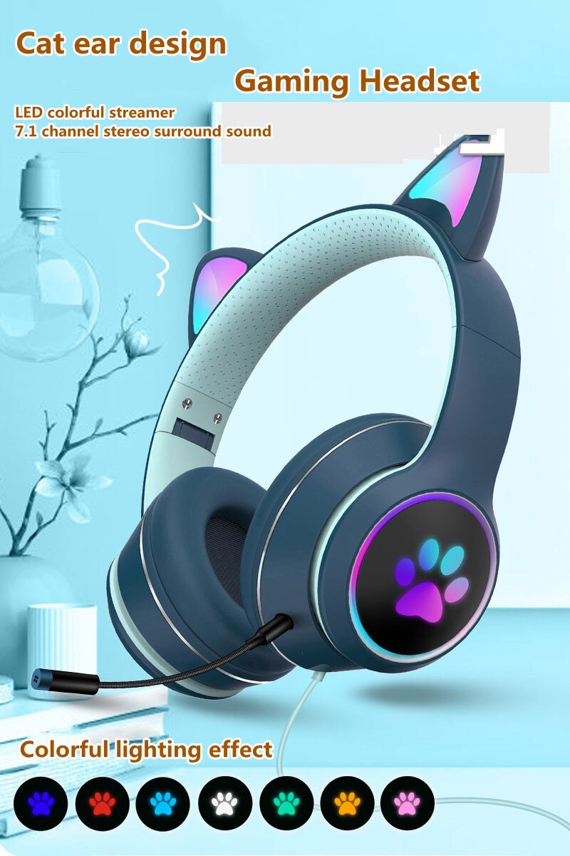 AKZ-022 Cat Ear Wired Gaming Earphone 7.1 Channel LED Lighting Over-head Headphone Headset With Noise Reduction Mic For Gamer