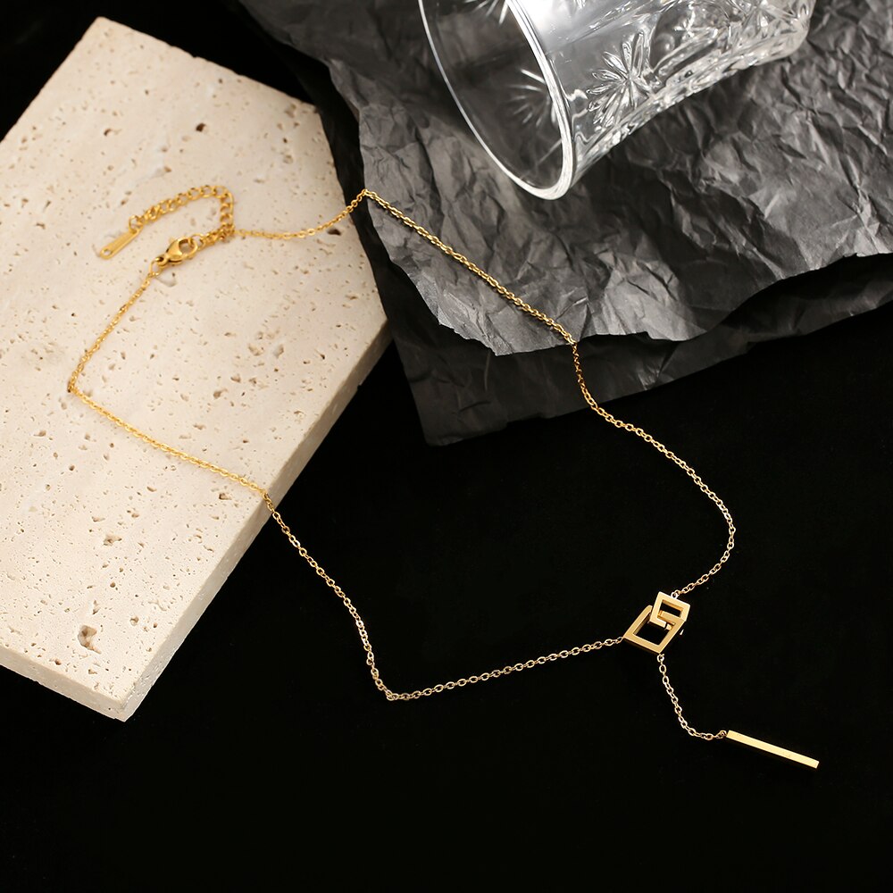 Gevoel Geometrische Elementen Vierkante Gesp Rvs Korte Ketting Koreaanse Mode-sieraden Sexy Hals Ketting Voor Vrouw