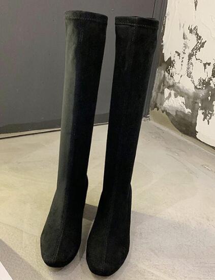 Kvinner lange støvler vårstøvler botas kvinnelige stretch flock slanke støvler sko kvinne svart grå beige roma knehøye støvler: Svart / 38