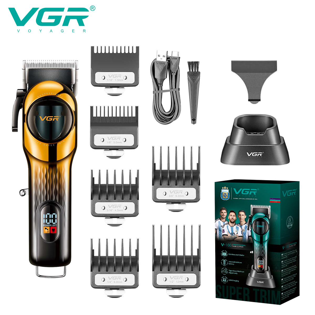 Cortadora de pelo recargable digital inteligente VGR 166 con base de cinta degradada cizalla de empuje eléctrica ajustable: YELLOW