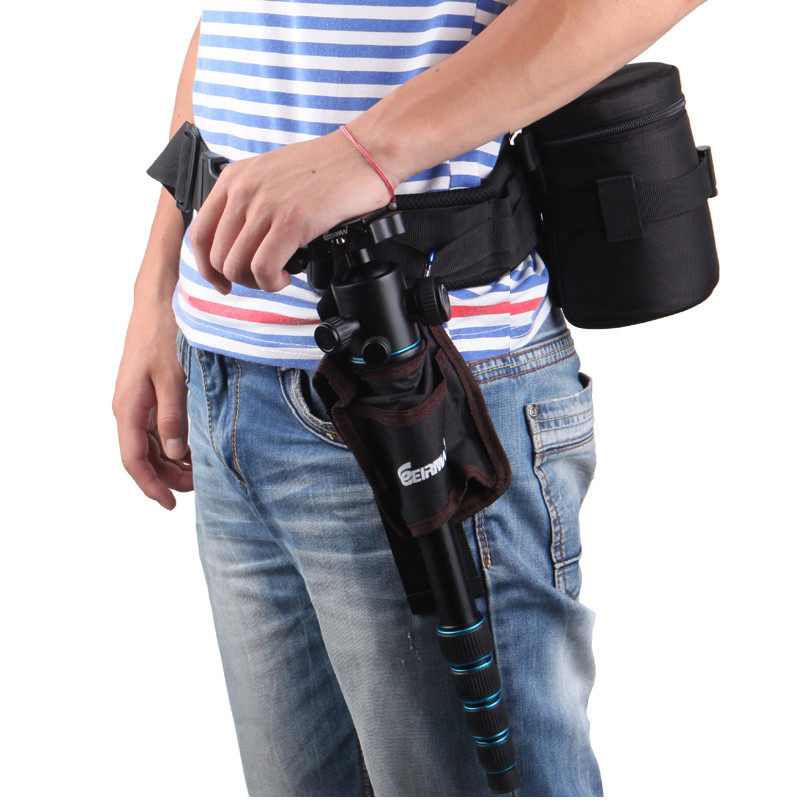 Photo Adjustable Black Strap DSLR Padded Camera Waist Belt Holder w/ Nylon Functional Soft Padded Lens Bag Pouch Case