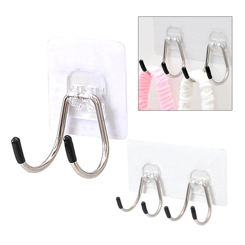 Sterke Zelfklevende Haak Muur Deur Sticky Hanger Rvs Dubbele Haak Keuken Badkamer Haken Home Producten