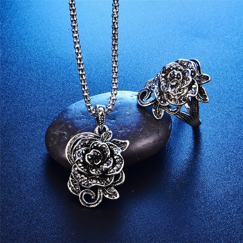 3Pcs Vintage Silver Color Black Crystal Rose Flower Jewelry Sets For Women Wedding Party