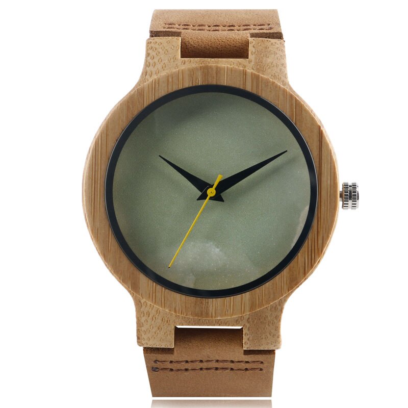 Mannen Quartz Houten Horloges Bamboe Natuur Lederen Band Vrouwen Pols-Horloge Marmer Patroon Gezicht Minimalistische Creatieve Klok