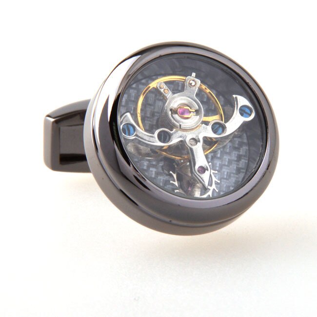 Lepton relógio mecânico funcional, turbilhão de abotoaduras masculino, botões de punho francês para homens, presente com frete grátis: Chapeado em Preto