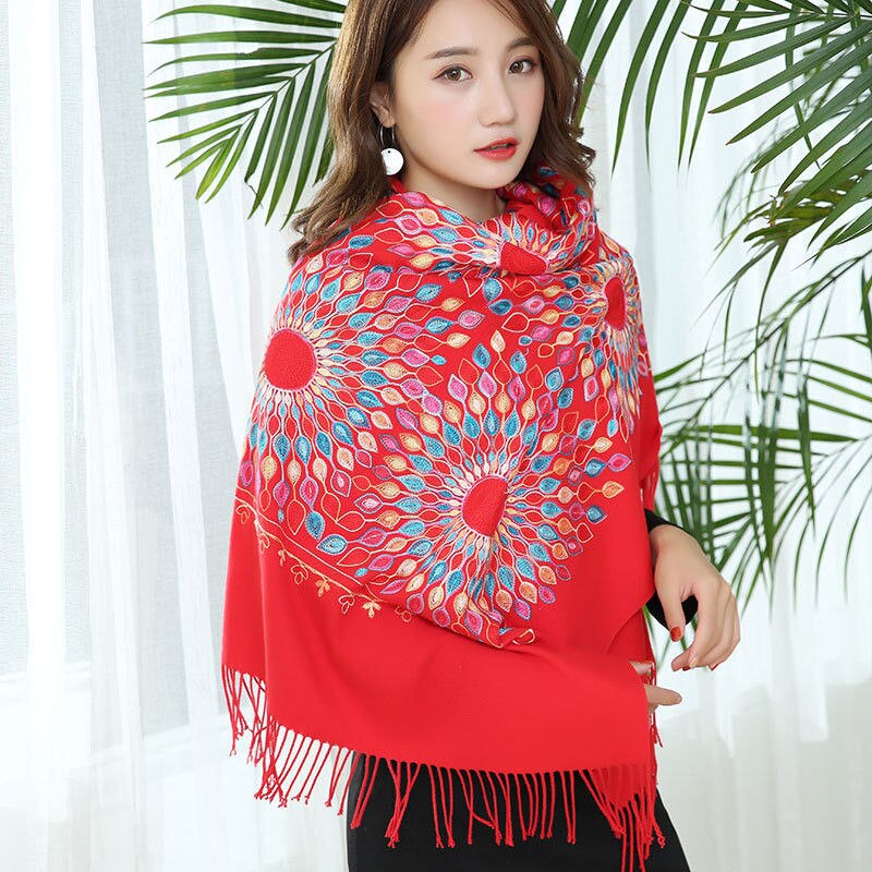 Vrouwen dikke kasjmier sjaals tibetaanse nepal zonnebloem sjaal borduurwerk kwast lange sjaal warme pashmina gebreide dames