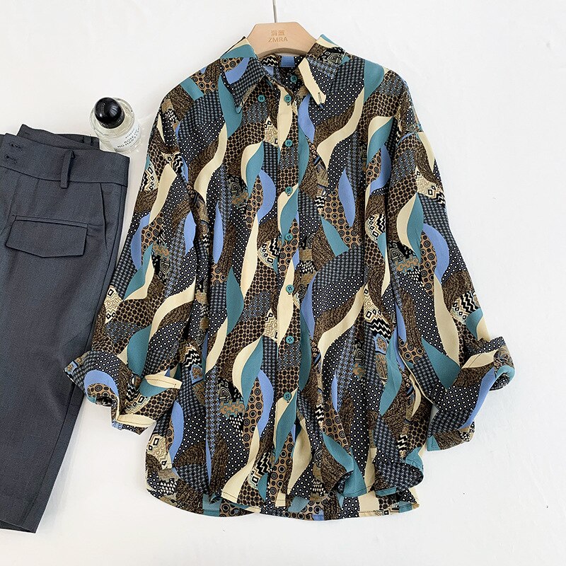 Kesäinen geometrinen printti paitapusero naisten rento käännettävä kaulus kokohihainen sifonkipaita crriflz: Sininen