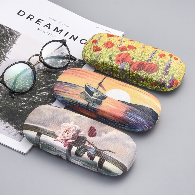 Funda de gafas de pintura al óleo para mujer funda de gafas de lectura de cuero duro para hombre Retro Unisex estampado Floral Protector de gafas
