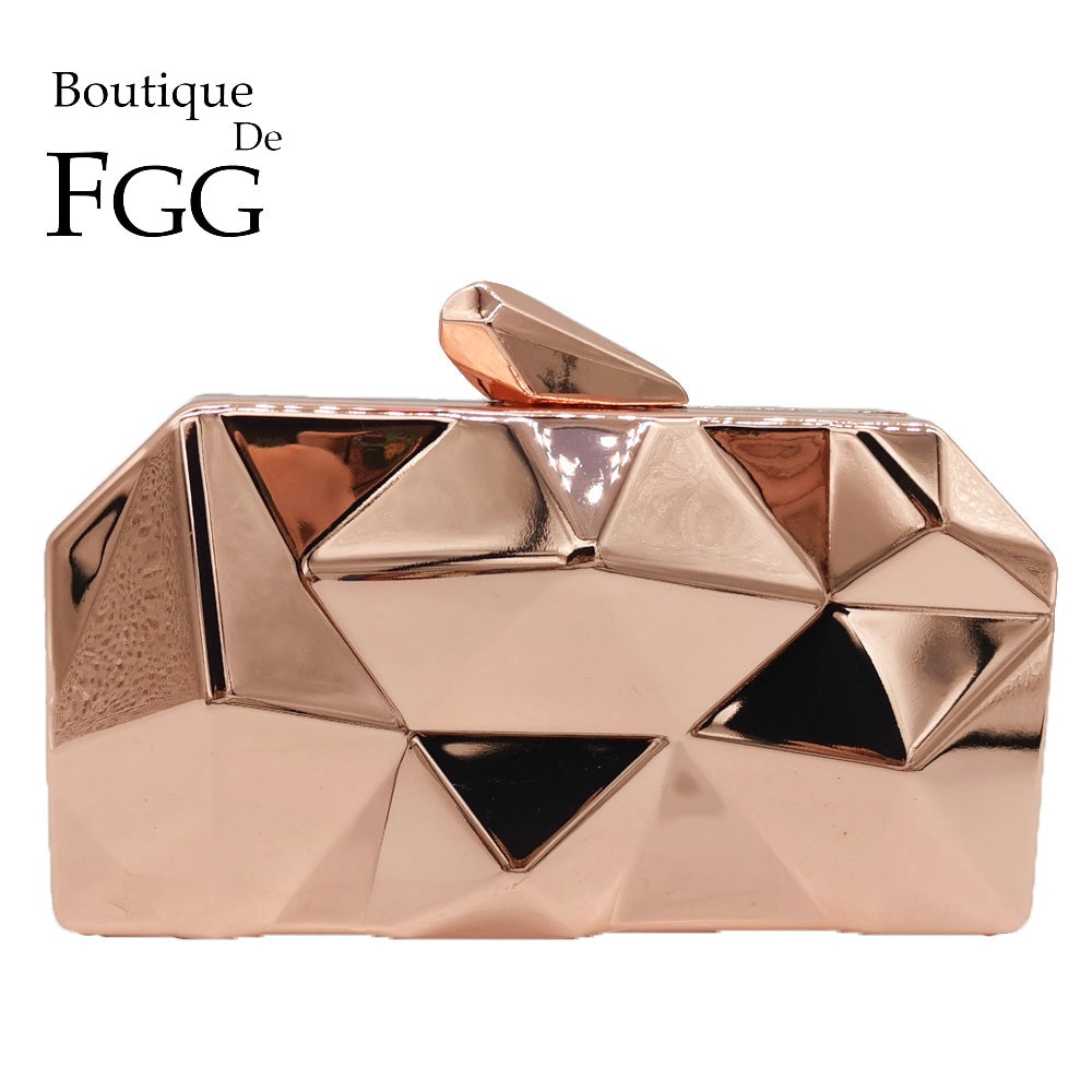 Boutique De FGG Hexagon Vrouwen Rose Gold Metal Koppelingen Avond Party Box Clutch Bag Keten Schoudertas Handtas Purse