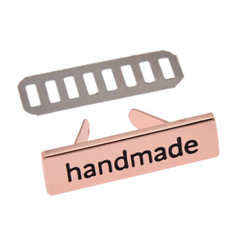 10 st handgjorda metalletiketter taggar för kläder jeans skor väskor rektangel handgjorda tryckta etiketter diy sy hantverk: Rosa guldfärg