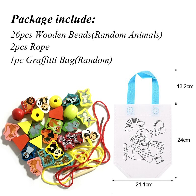 26Pcs Wooden Toys Baby DIY Toy Cartoon Fruit Animal Stringing Threading Wooden beads Toy Monterssori Educational for Kids GYH: 26 Animal 1 TS Bag