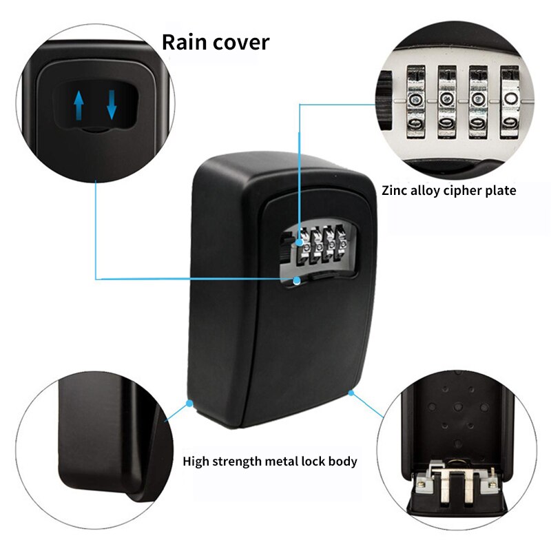 Password Key Lock Box Wall Mounted Zinc Alloy Key Box Weatherproof 4 Digit Combination Key Storage Lock Box