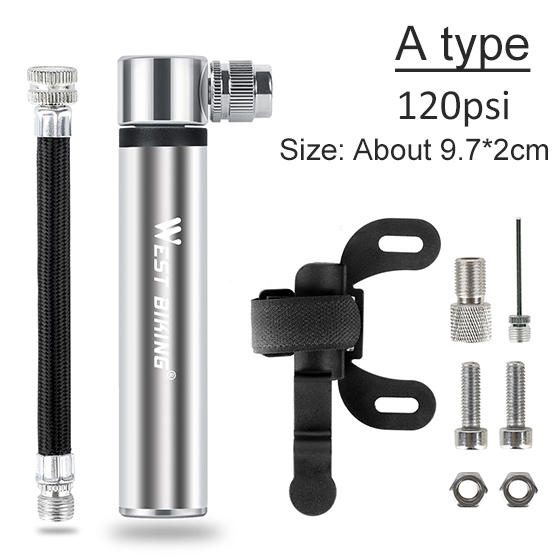 WEST BIKING Mini Bicycle Pump Tire Air Inflator Schrader Presta Valve Ball Needle Hose MTB Accessories Portable Hand Bike Pump: Silver