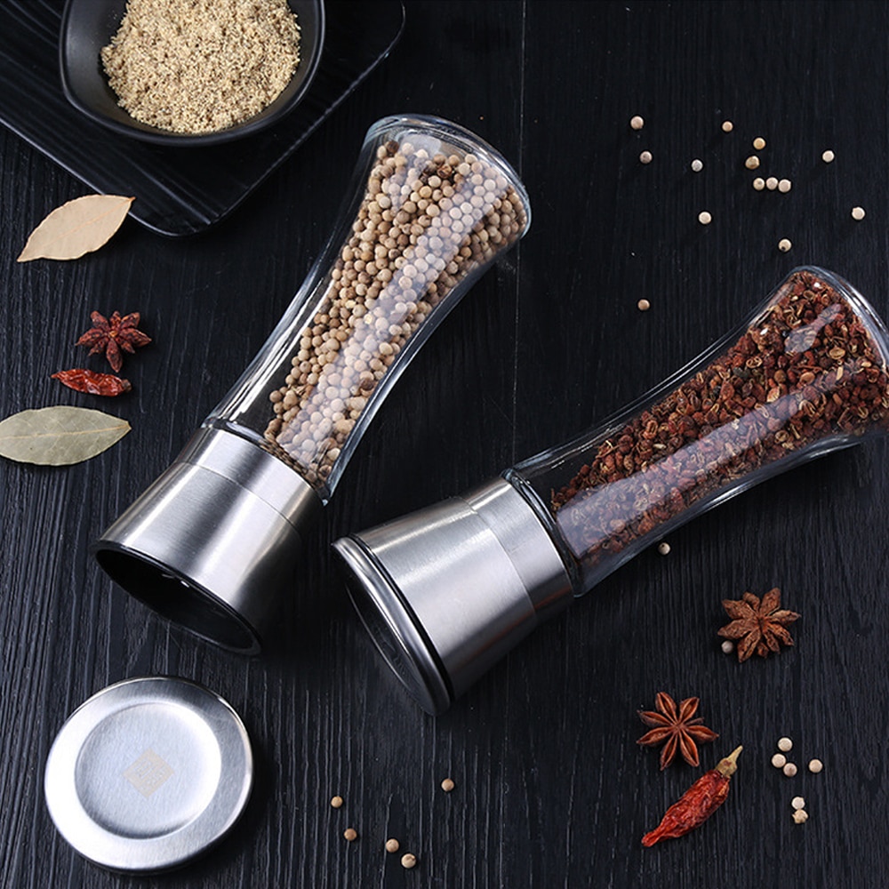 Premium Roestvrij Staal Zout en Peper Molen Shakers Glas Body Spice Zout En Pepermolen met Verstelbare Keramische Rotor