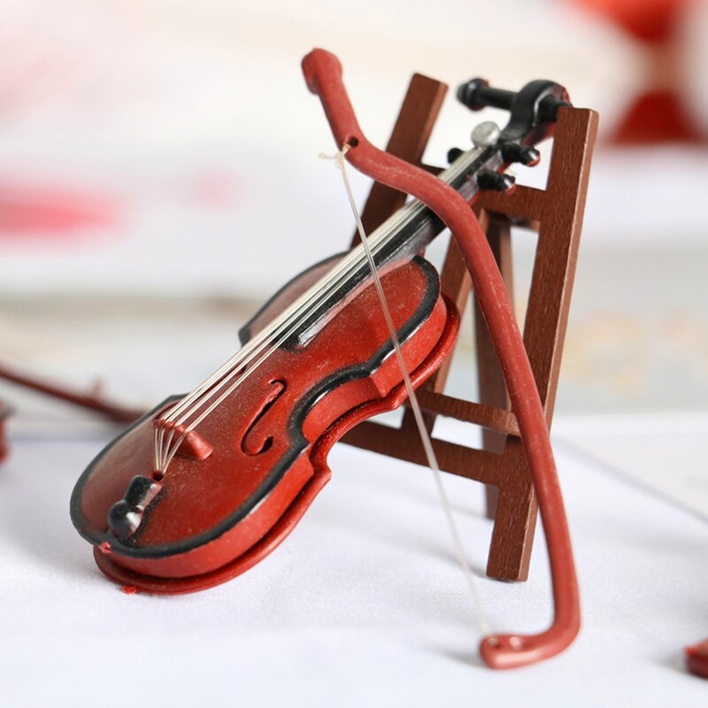 Mini Violen Ornament Miniatuur Violen Model Met Stand Case Poppenhuis Voor Home Office Desktop Decoratie