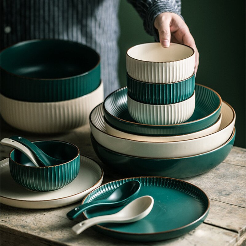 Green And Beige Matte Ceramic Steak Food Plate Nordic Style Tableware Bowl Ins Dinner Dish High End Porcelain Dinnerware