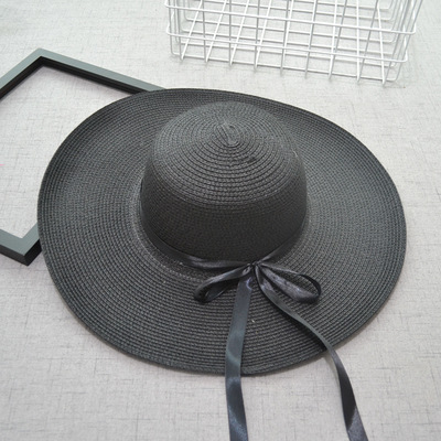 Zomerreis populaire effen kleur vrouwelijke strandzonnehoed opvouwbare strandstrohoed grote hoed: Zwart