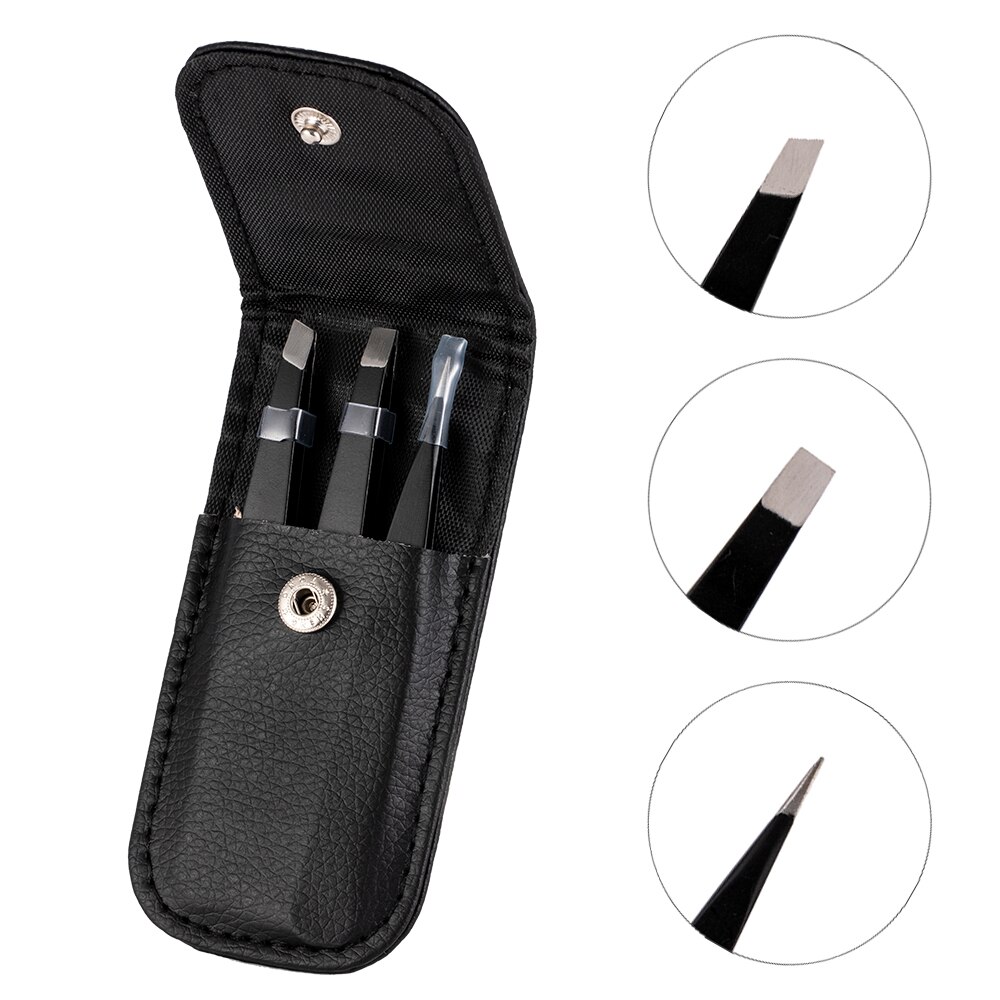 3 PCS Tip Flat Eyebrow Tweezers Stainless Steel Point Tip Slant Hair Removal Beauty Makeup Tools Accessory With Black Bag Case
