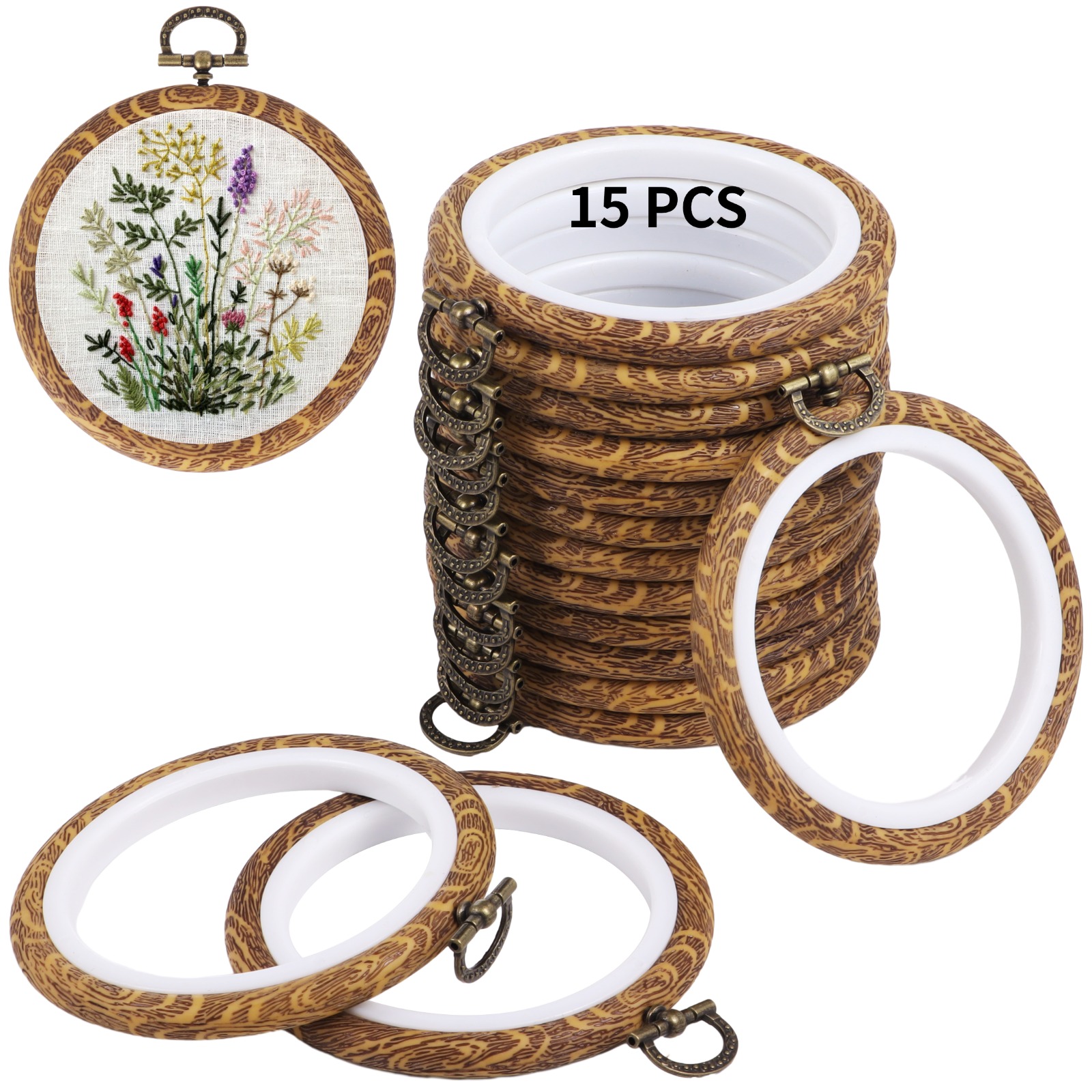 15Pcs/Set Round Embroidery Hoops Circle Rubber Hoops Rings Embroidery Cross Stitch Frame Kits for Craft Sewing DIY Hanging