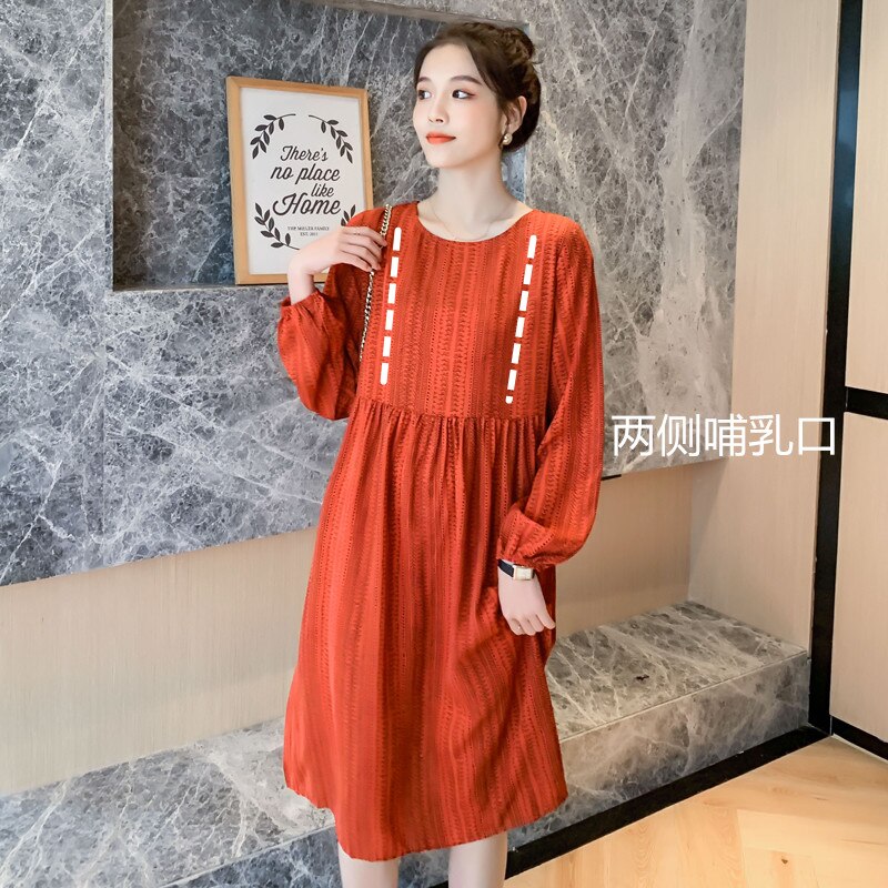Autumn Plus Size Maternity Long-sleeved Lactation Dress Vintage Nursing Clothes Chiffon Postpartum Women Breastfeeding Dress: has zip nurse / XXL