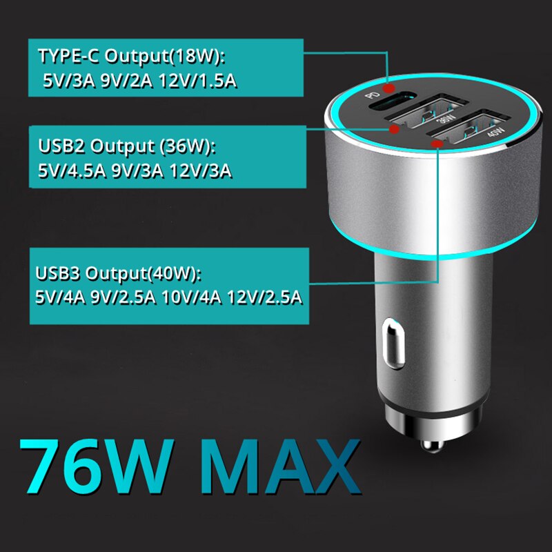 76w usb metal car charger,  qc 3,0 type-c pd quick charge 4,0 4,0 fast charging for iphone 12 11 , samsung 3,0 qc oneplus, huawei  p40.