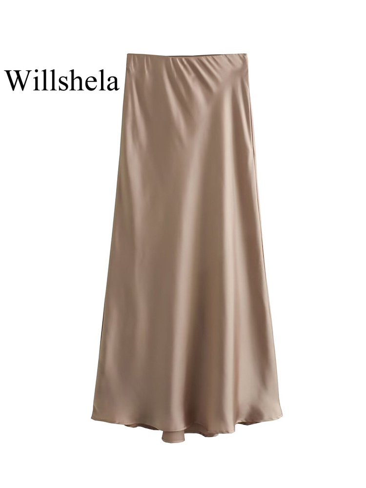 Willshela, falda Midi plisada lisa de satén a la para mujer, faldas elegantes Vintage con cintura media elástica para mujer