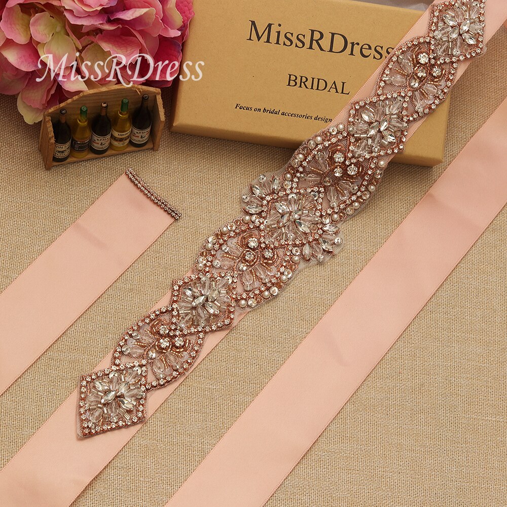 Missrdress Steentjes Wedding Riem Sash Hand Kralen Bridal Belt Rose Gold Crystal Bridal Sash Voor Wedding Party Jurken JK827