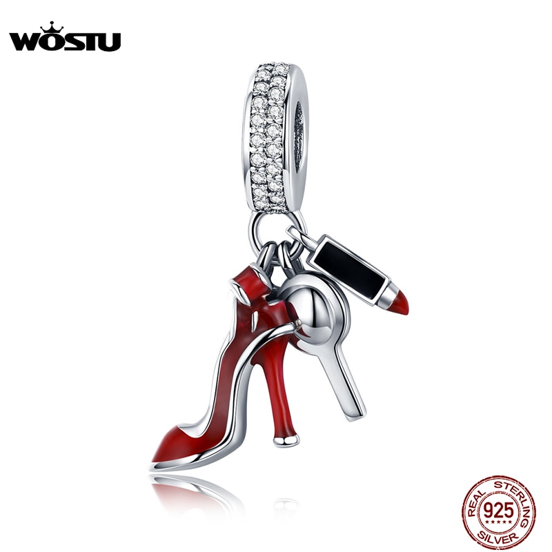 Wostu venda quente 925 prata esterlina sapatos femininos, espelho de maquiagem pingente contas ajuste charme pulseira jóias para presente feminino cqc457