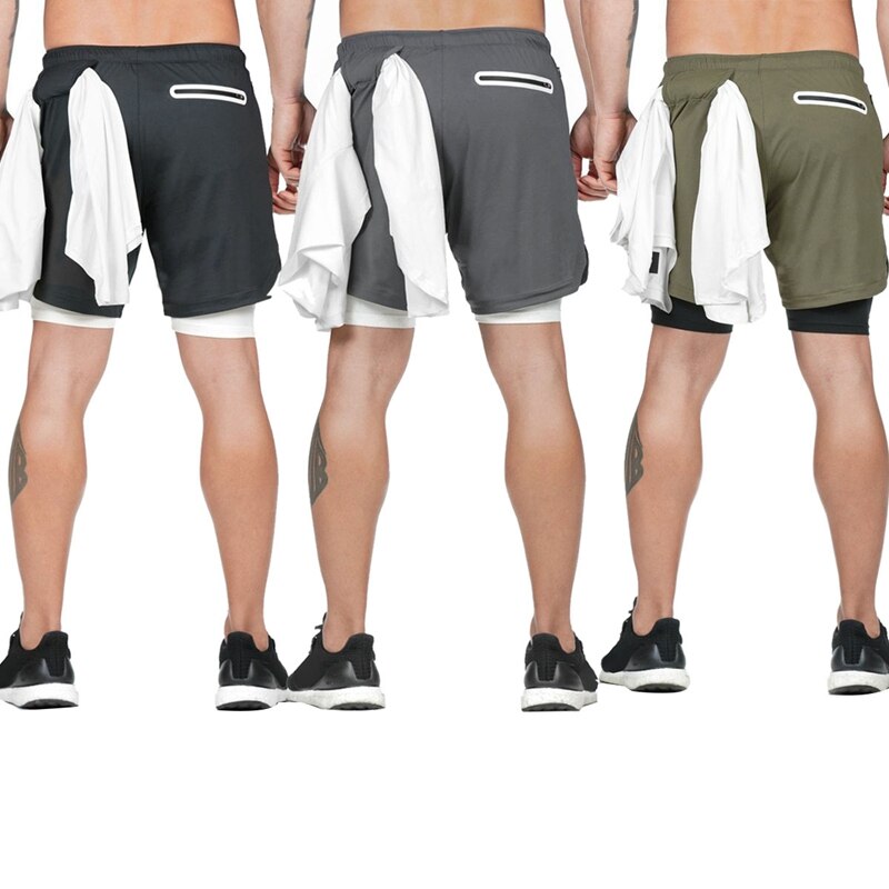 Men's Casual 2 in 1 Running Shorts Quick-Drying Sports Pants Gym Bodybuilding Built-in Pocket Shorts