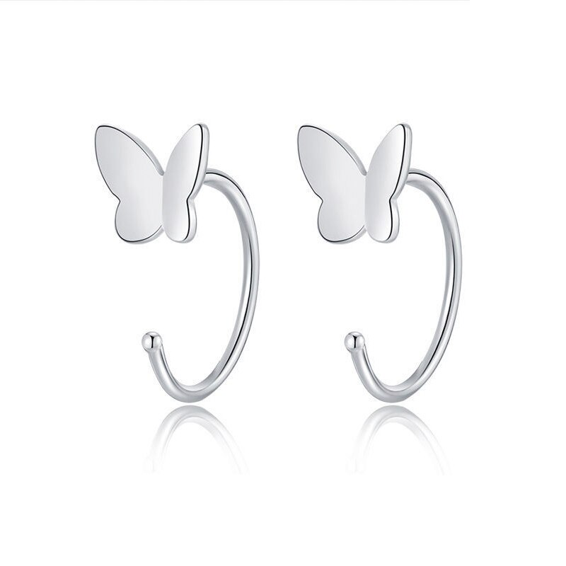 Brincos de argola geométricos assimétricos borboleta, cores prateadas, para mulheres, pequenos, abertos, aro, joias, piercing de orelha, meninas: A