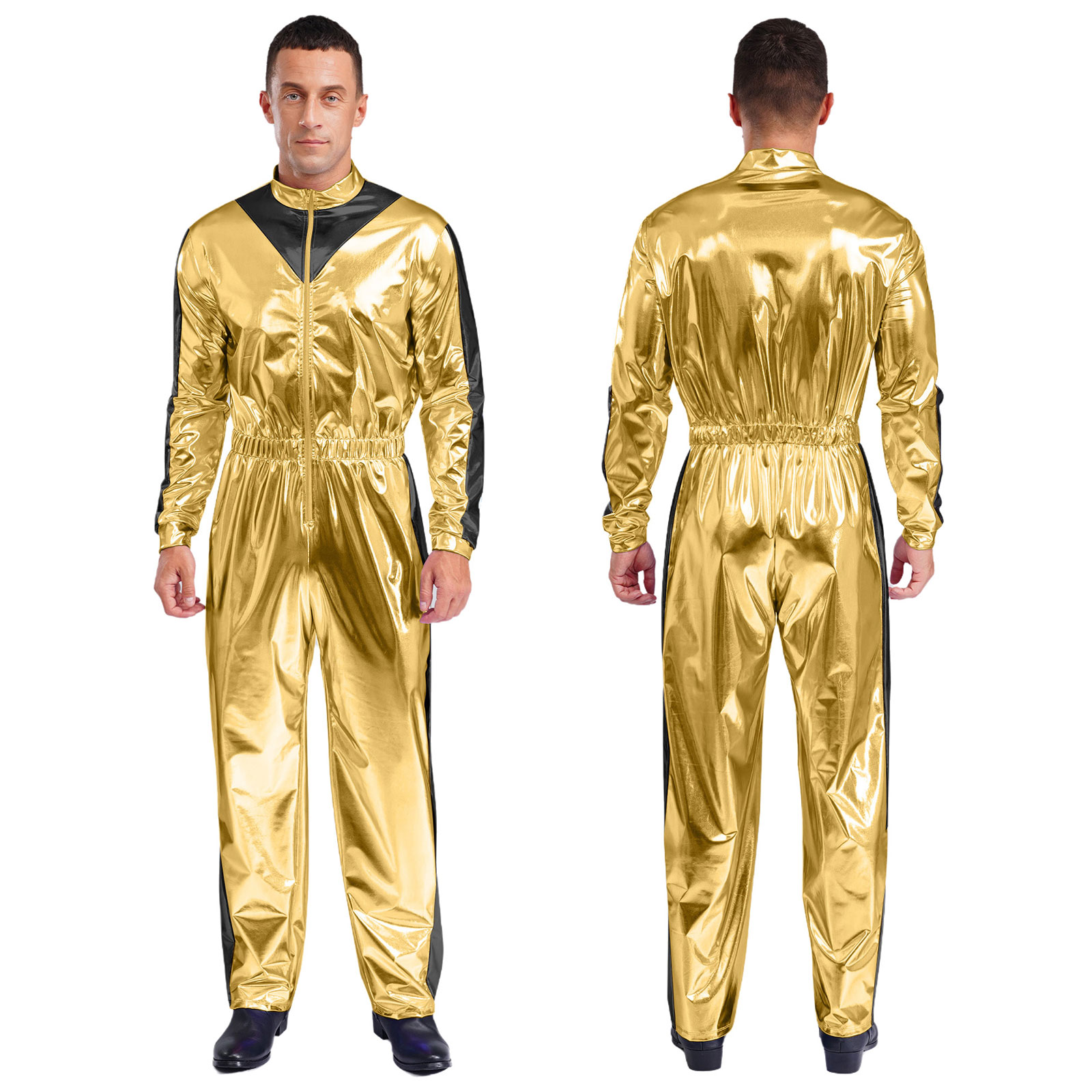 Mens Sparkly Shiny Astronaut Alien Outer Space Cosplay Costume Long Sleeves Unitards Jumpsuit Rave Club Wear Spaceman Outfits: XL / black